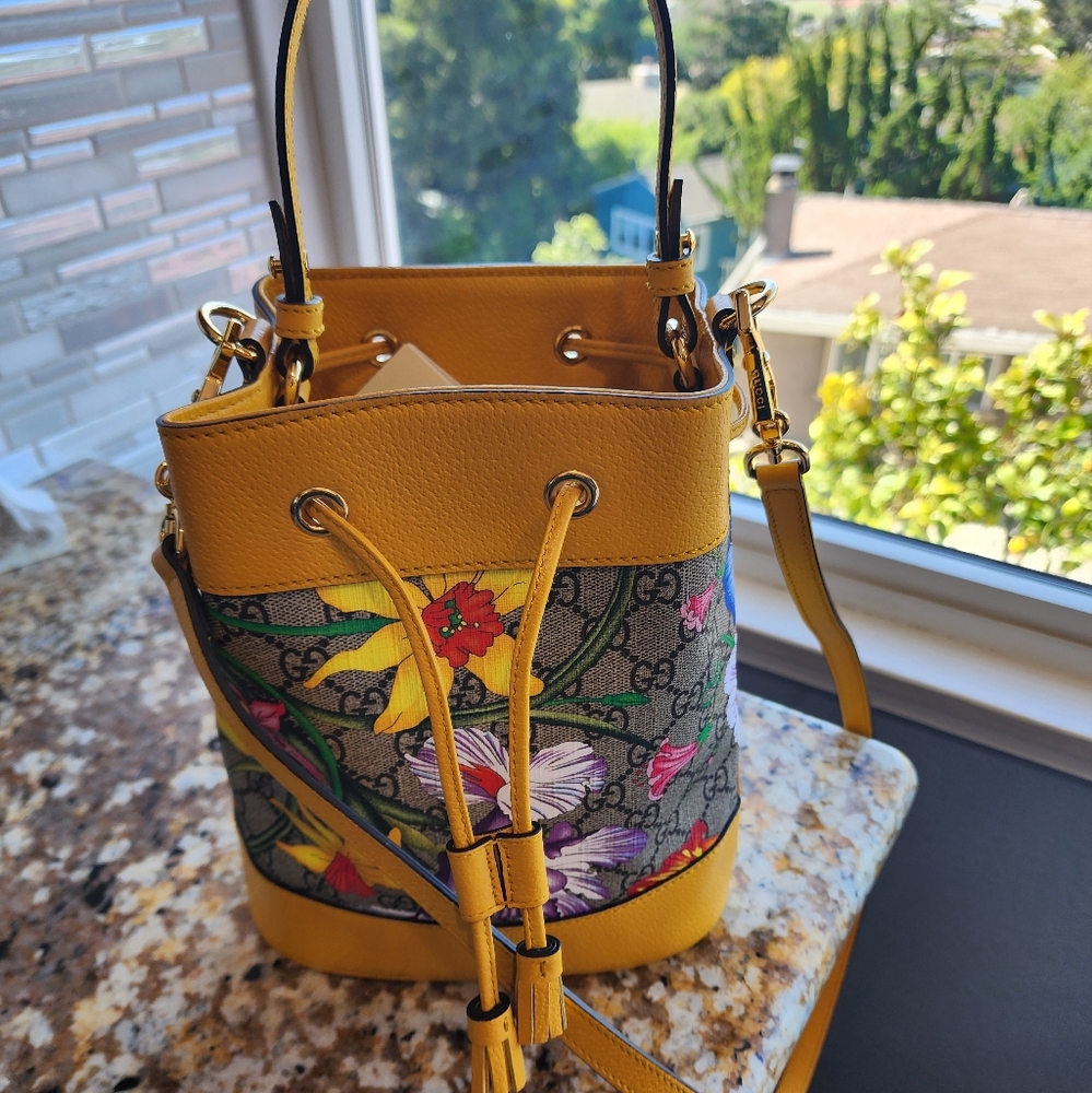 🌼 GUCCI 🌼Ophidia Flora Small GG Canvas Bucket Bag Yellow - Picture 3 of 13
